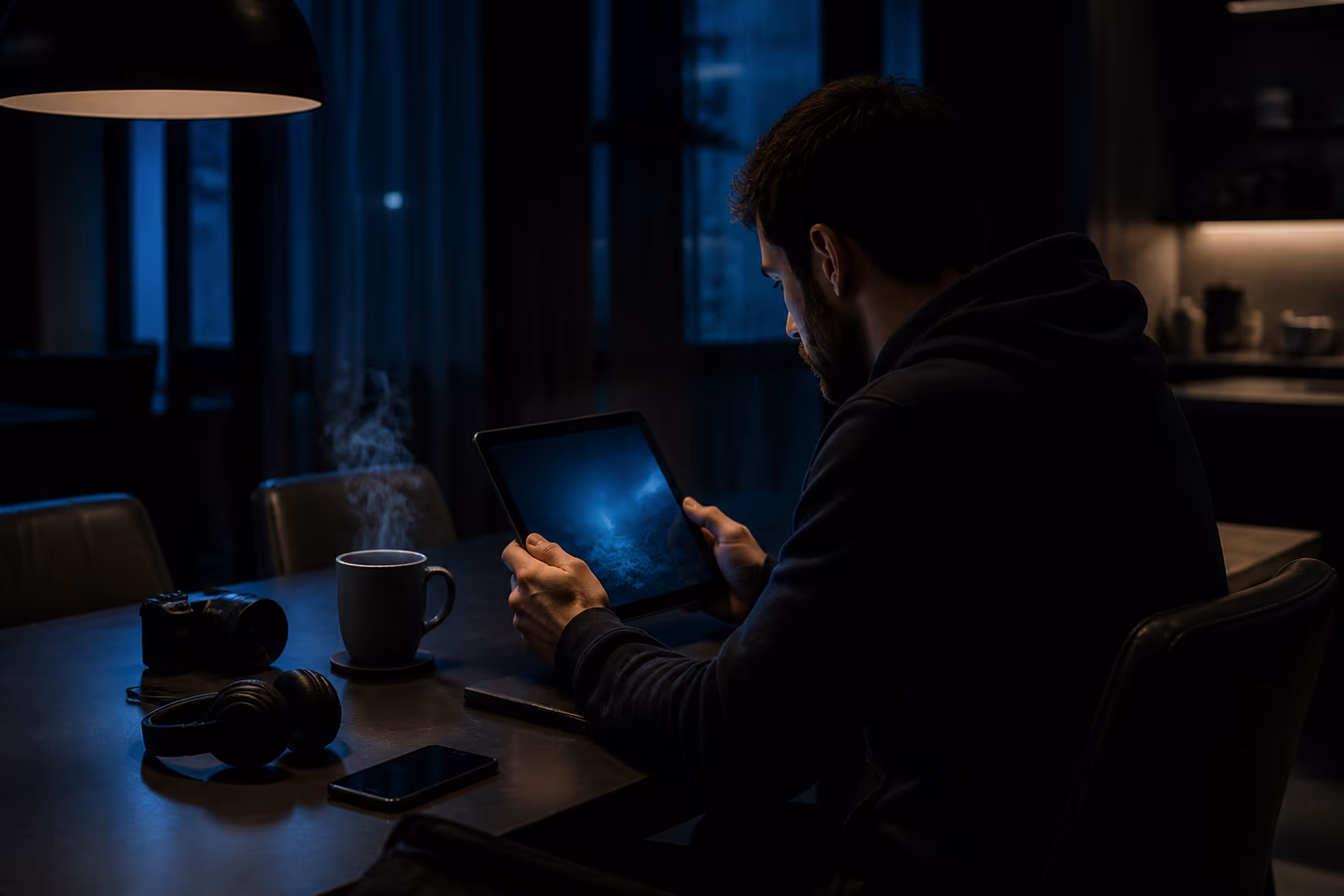 A user explores .onion links on a tablet in a cozy setting.