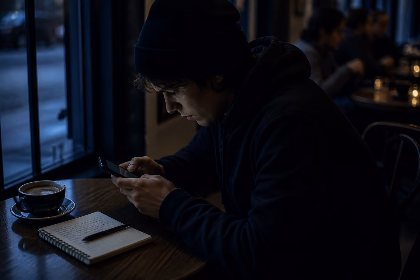 A user is discreetly researching Tor resources on a smartphone in a café.