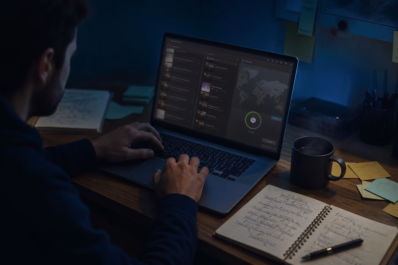 A focused individual studying dark web marketplaces on their laptop in a dimly lit room.