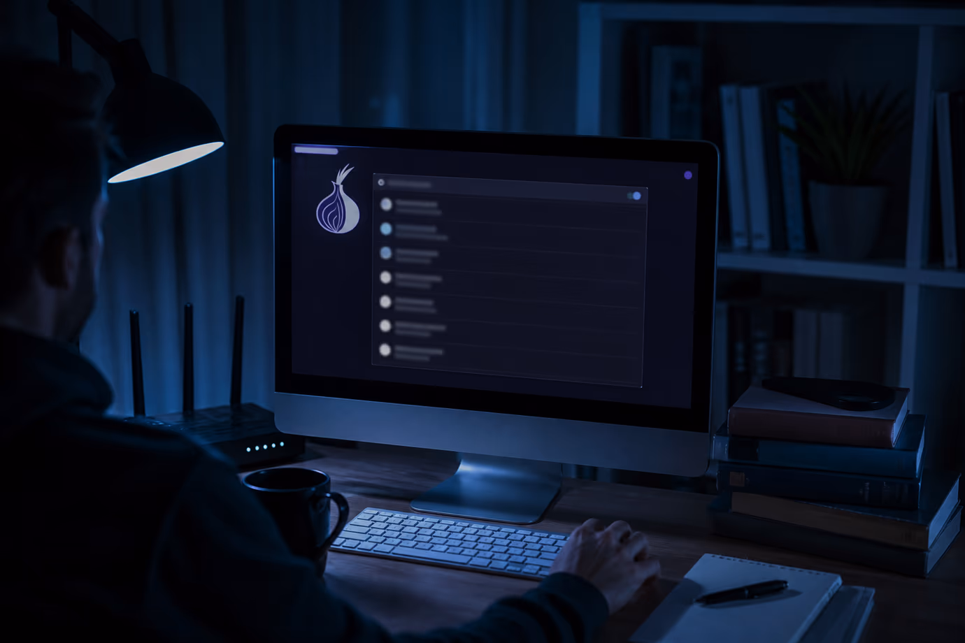 A user is exploring Tor browsing sites in a cozy home office setting.