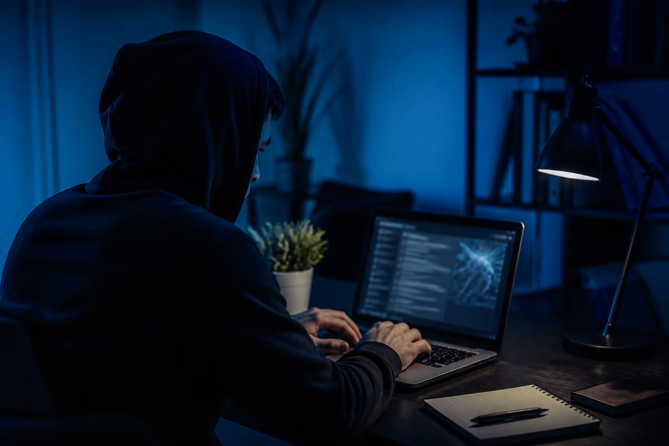 A person studying deep web resources on a laptop at home.