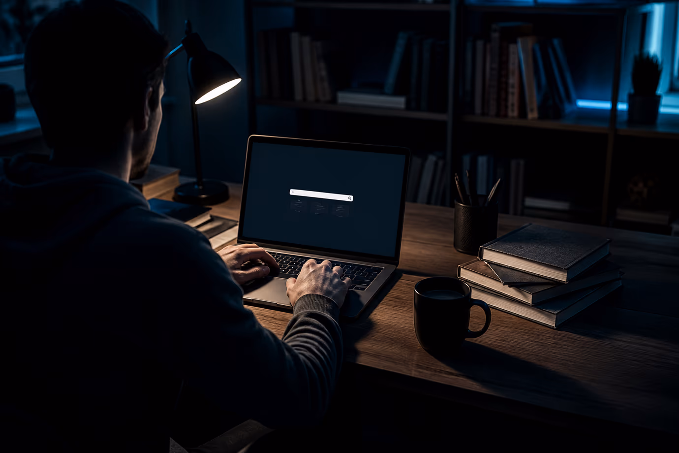A user focused on the Ahmia search engine in a dimly lit room.