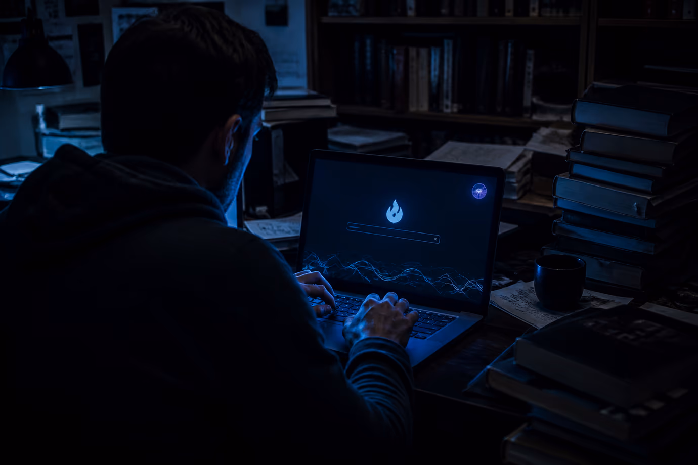 A user deeply engaged in exploring the Torch search engine on their laptop in a dimly lit room.