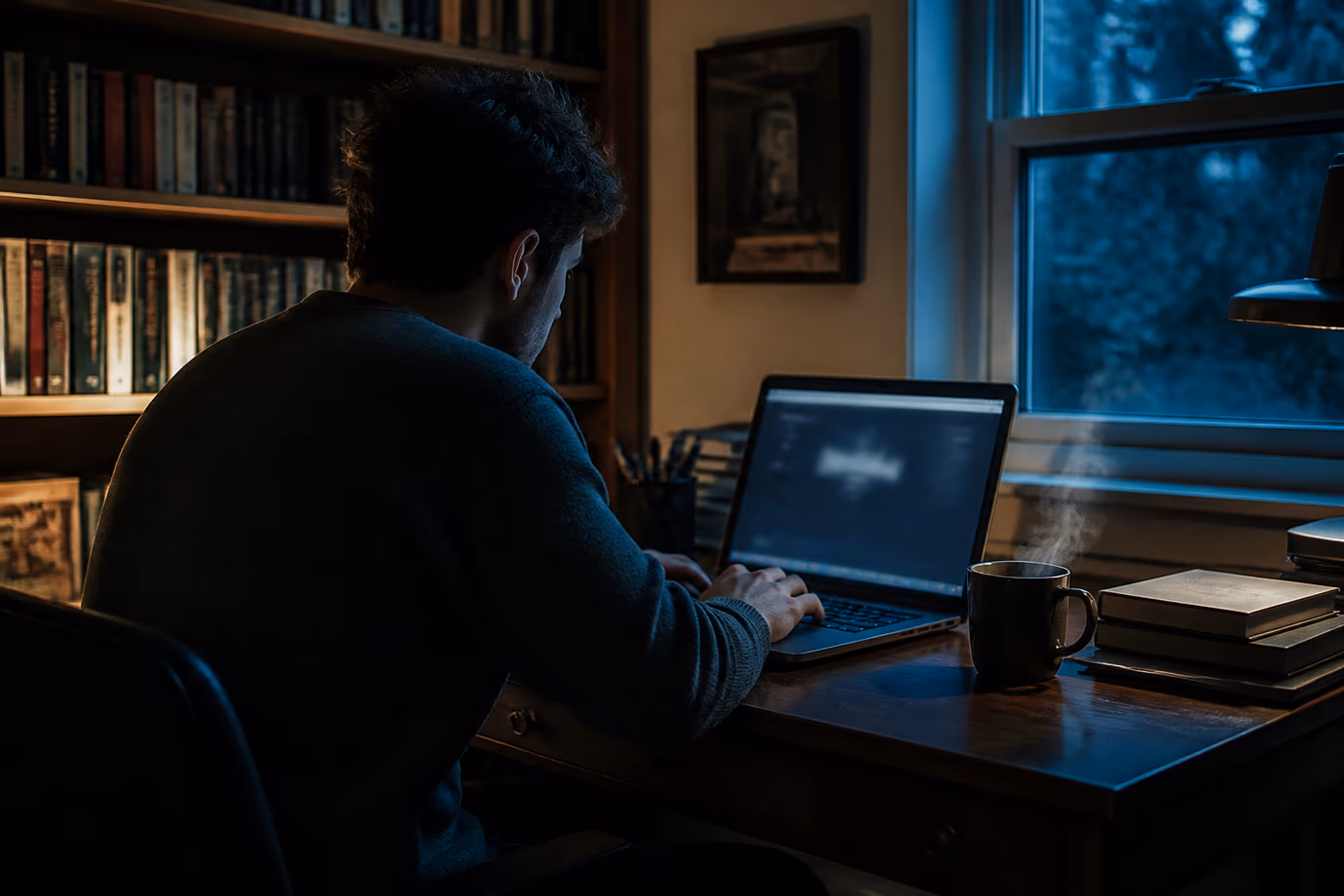 A user is engaged in deep web exploration in a cozy study setting.