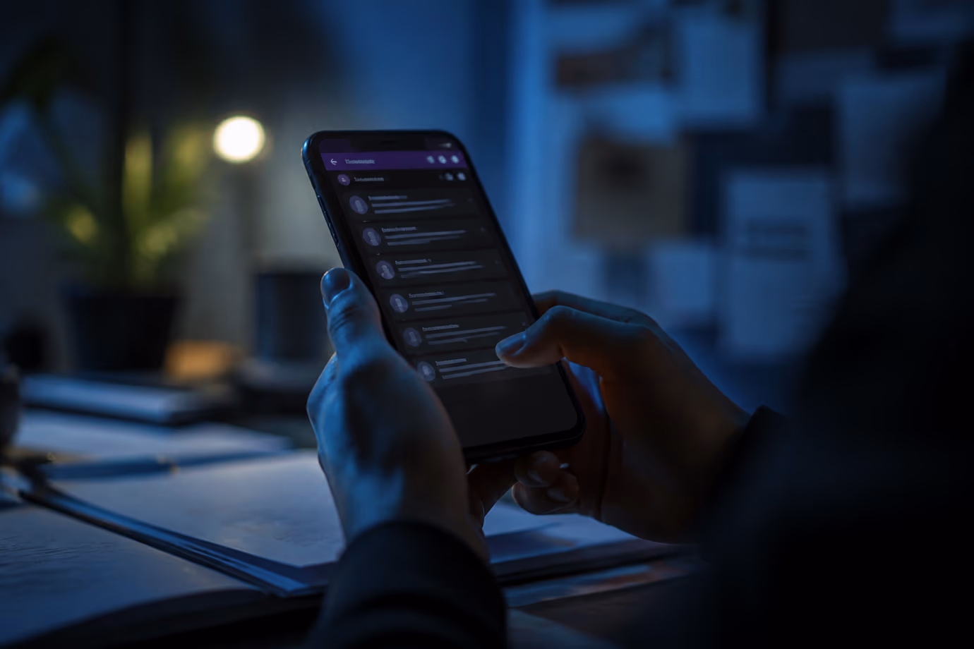 A user navigating the Tor browser on their smartphone in a dimly lit room.