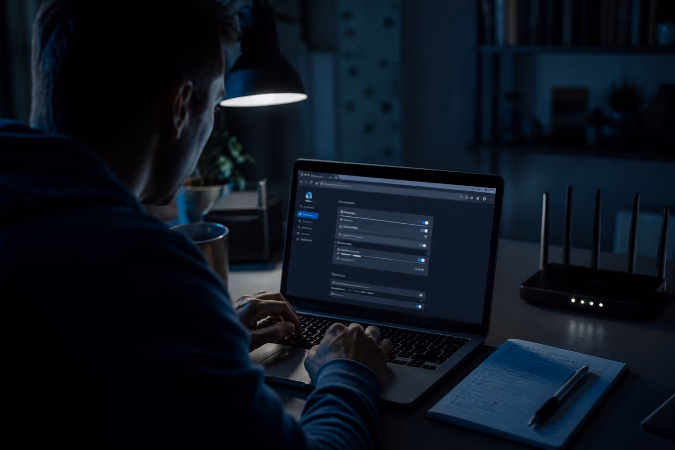 A user is adjusting Tor settings on their laptop in a dimly lit room.
