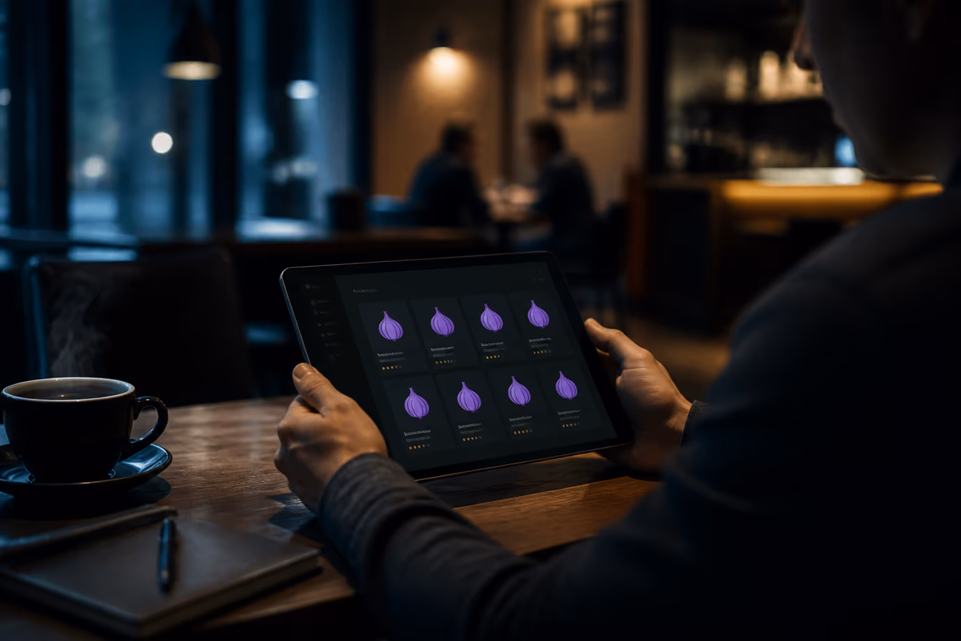 A user deeply engaged in exploring onion site links on a tablet in a café.