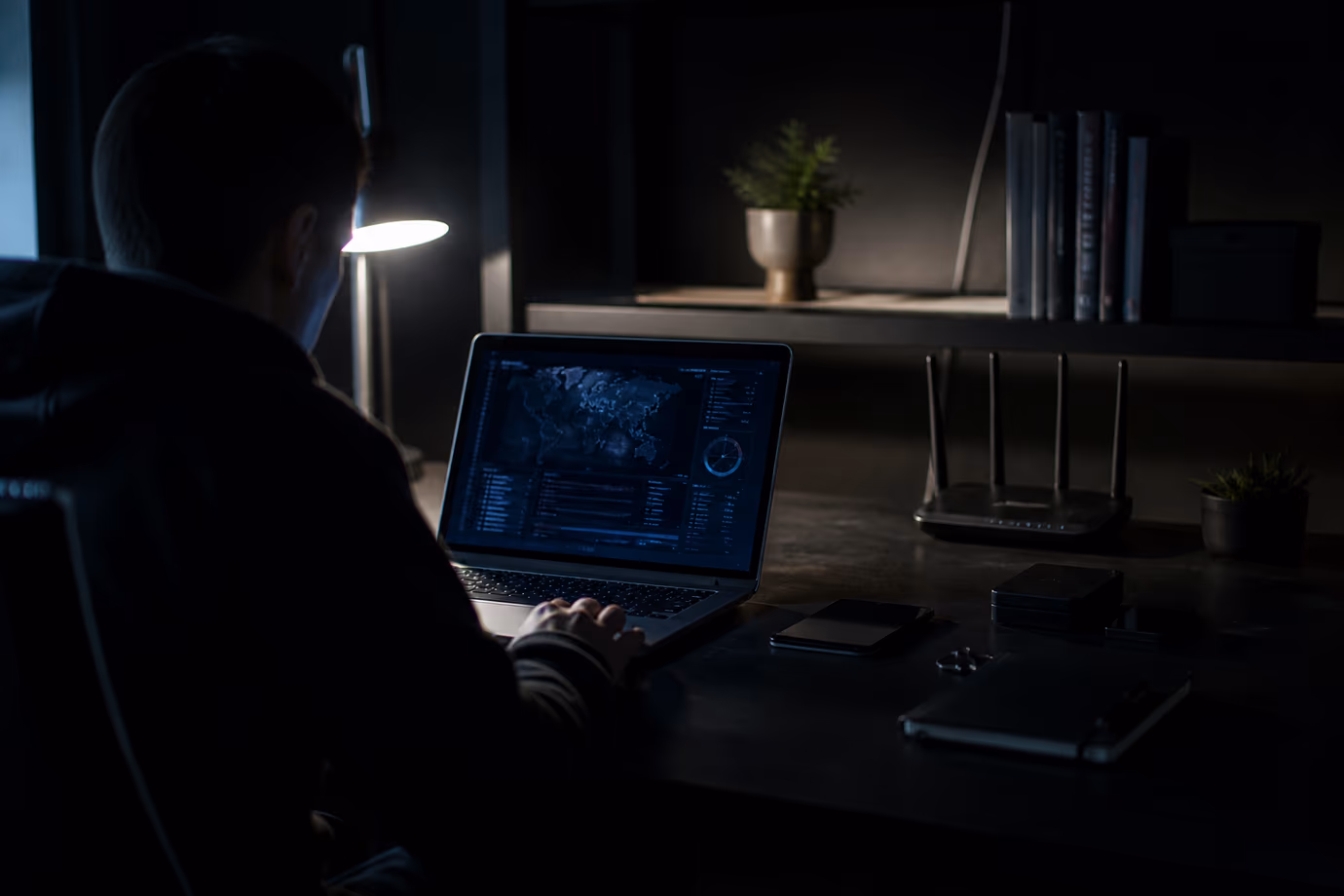 A focused user examines dark web security tools on their laptop.