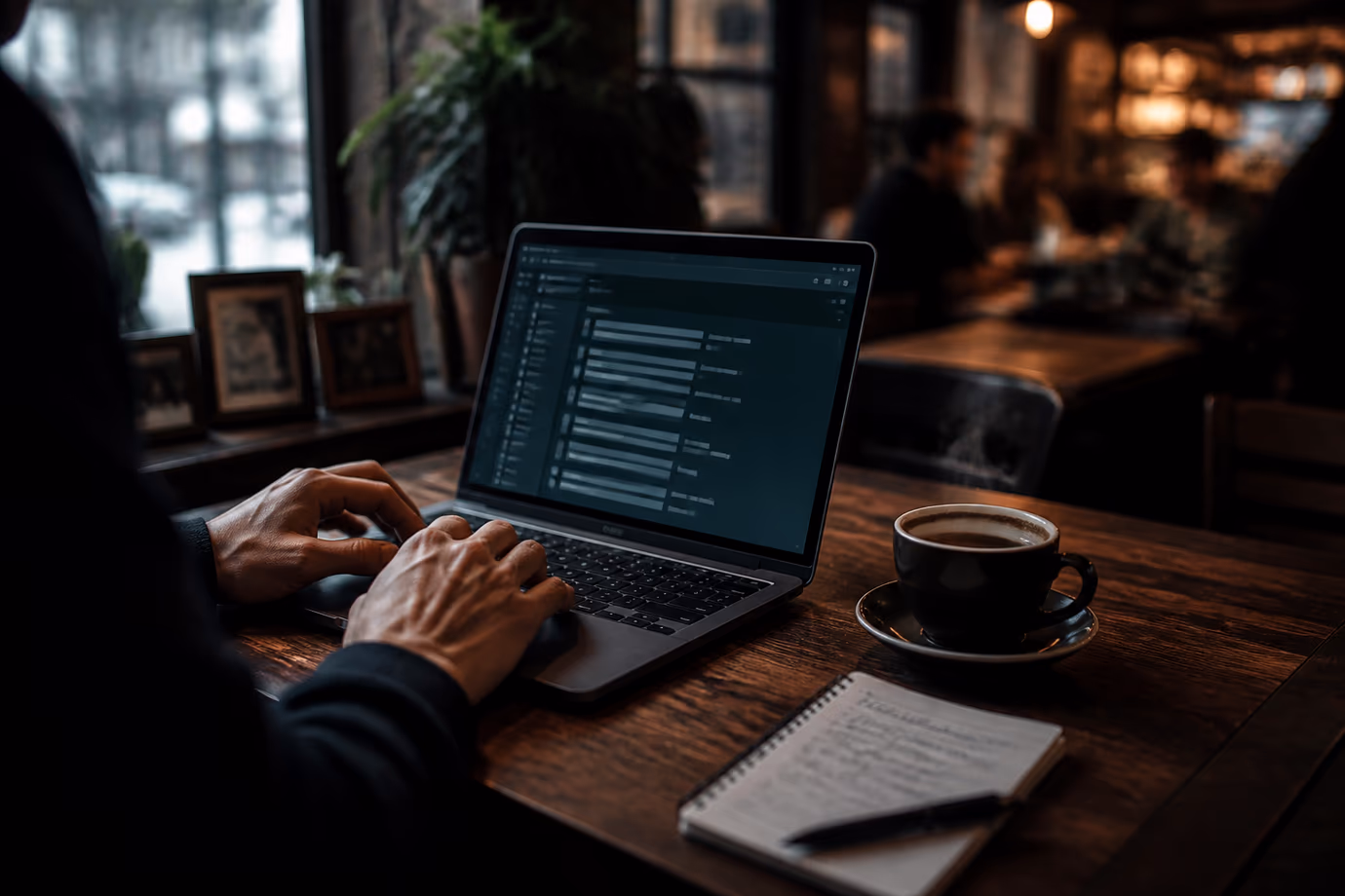 A user is focused on their laptop while exploring Tor websites in a cozy café.