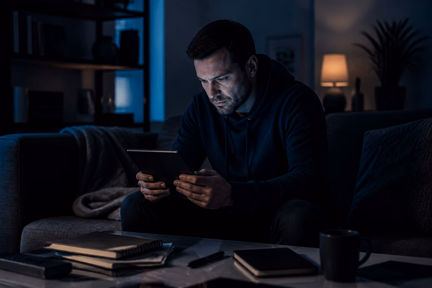 A person is focused on exploring deep web links using a tablet in a cozy living room.