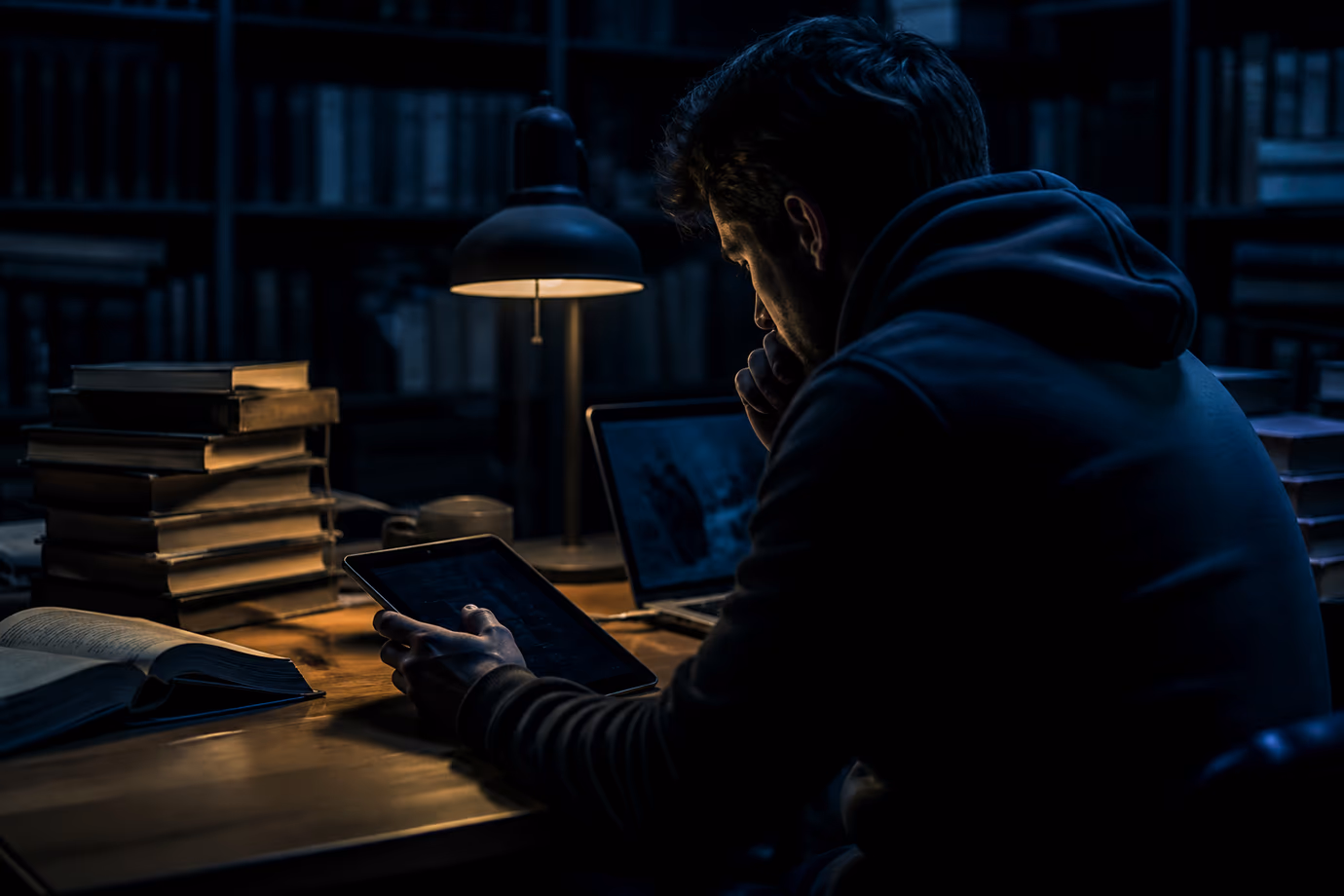 A user researching dark web resources on a tablet in a library setting.