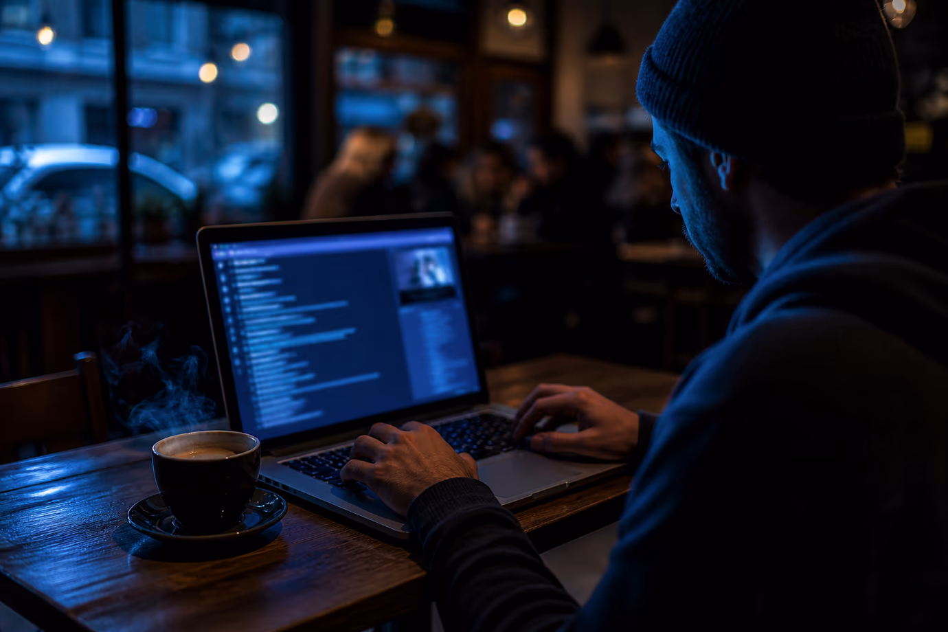A user browsing onion links on Reddit in a cozy café setting.