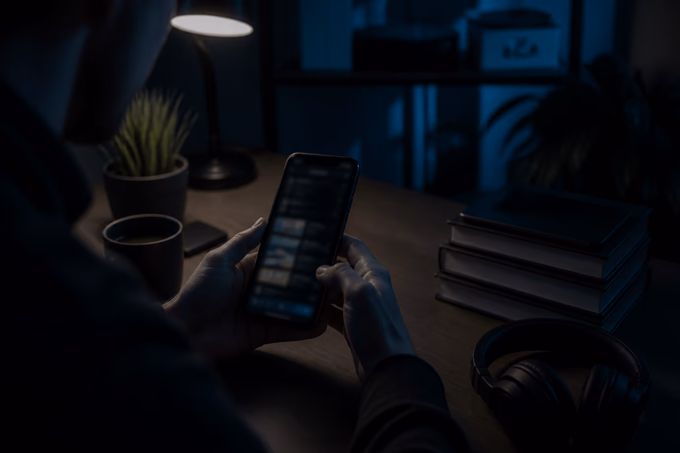 A user focused on their smartphone while exploring dark web sites in a cozy room.
