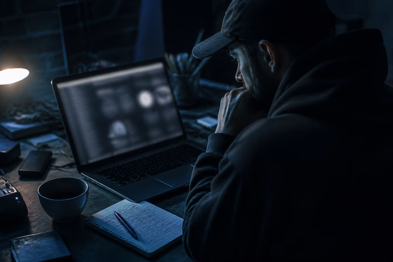 A user deeply engaged in exploring dark web content on their laptop.