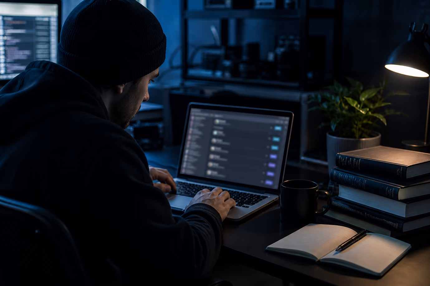 A person deeply engaged in reviewing a dark web directory on their laptop in a cozy office.