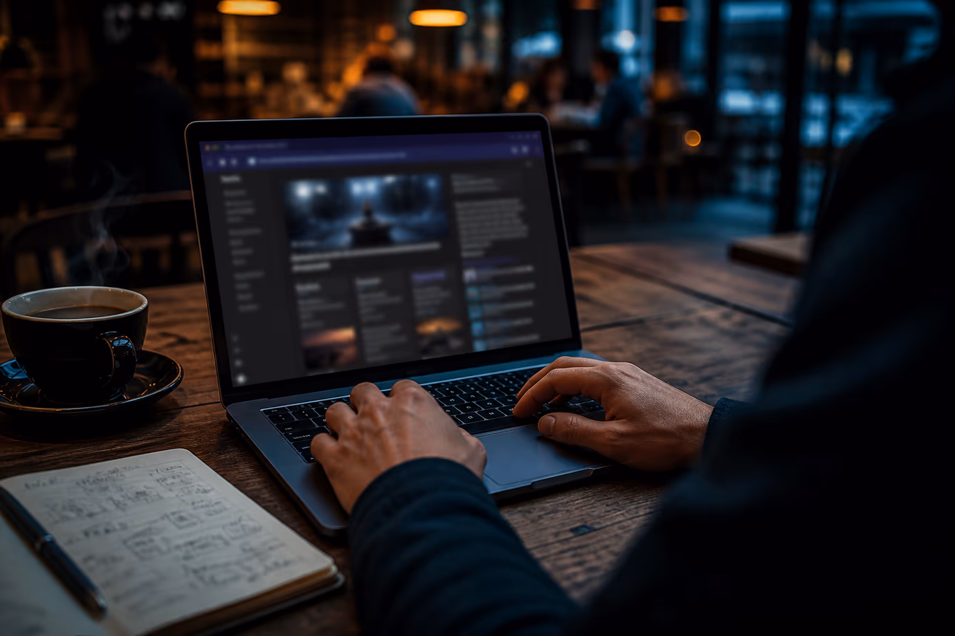 A user interacts with a laptop in a cozy café, exploring .onion sites.