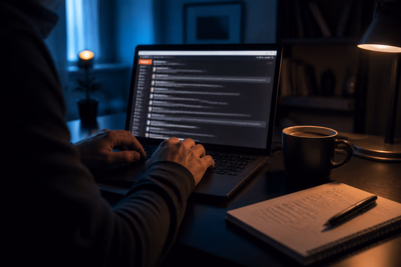 A focused user researching Tor links in a cozy home office.