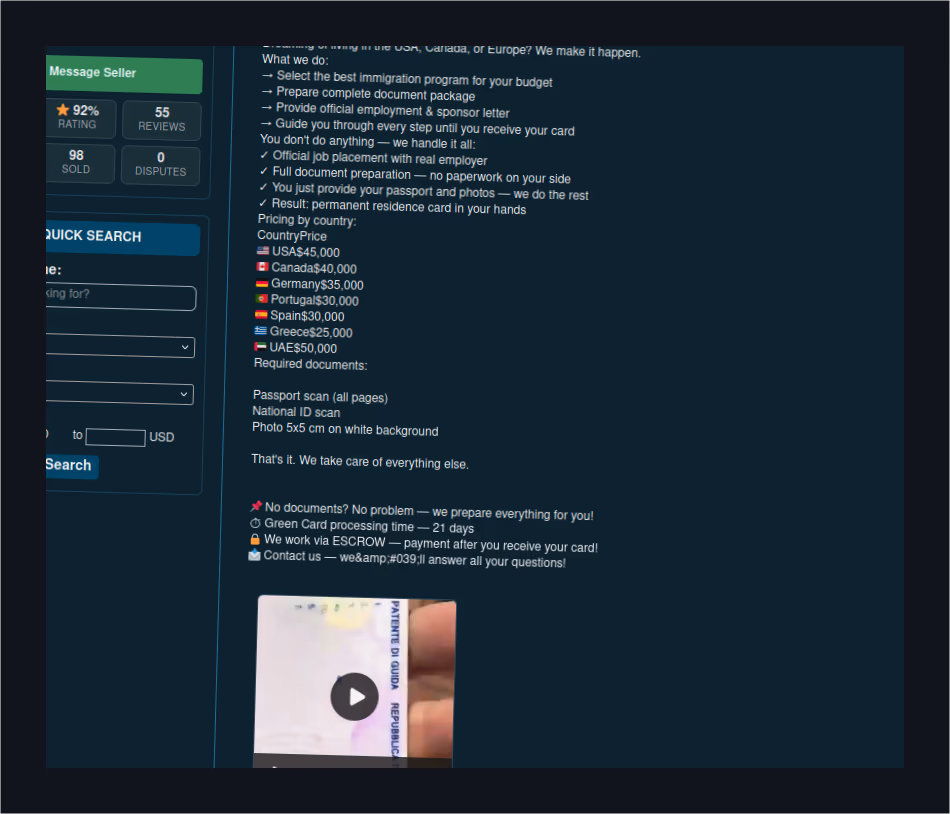 Dark web listing for visa and green card services