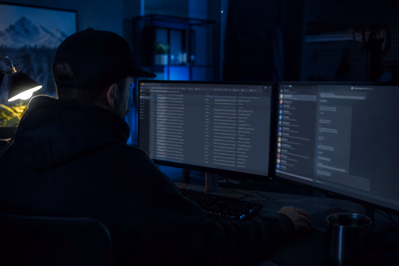 A user immersed in navigating Tor onion links in a modern home office.