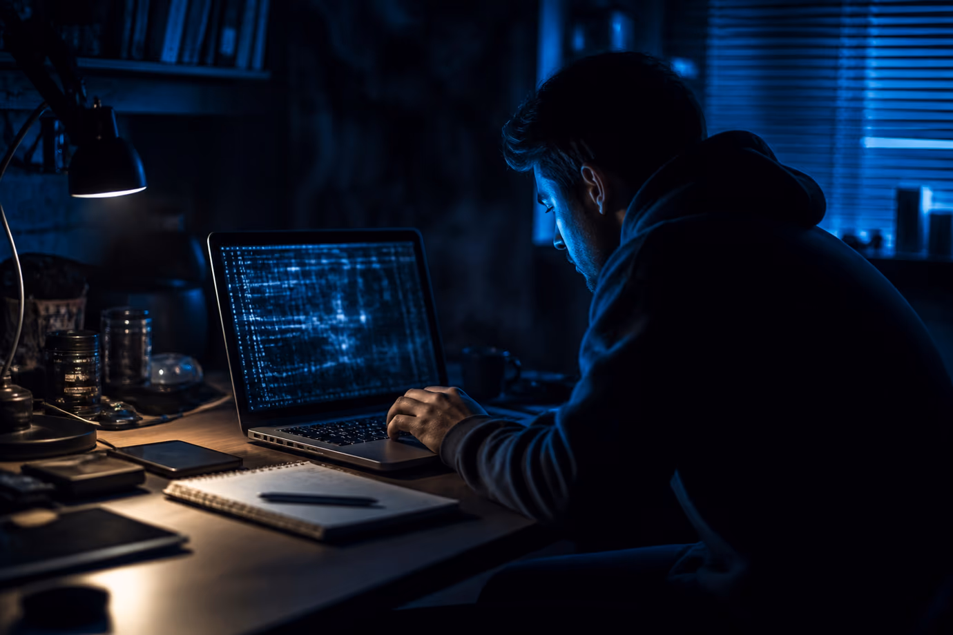 A user exploring dark web forums in a cozy, low-light environment.